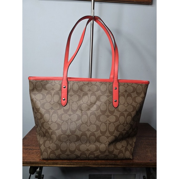 COACH Brown Signature Canvas Orange Leather Satchel Tote Shoulder Bag F58292 - Picture 2 of 15